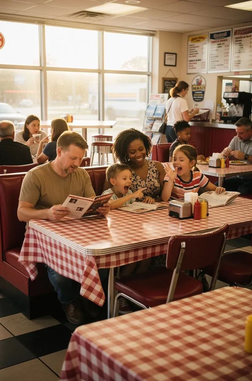 Parents and children relaxing in a family-friendly hotel lobby designed for comfort and flexible check-in times.