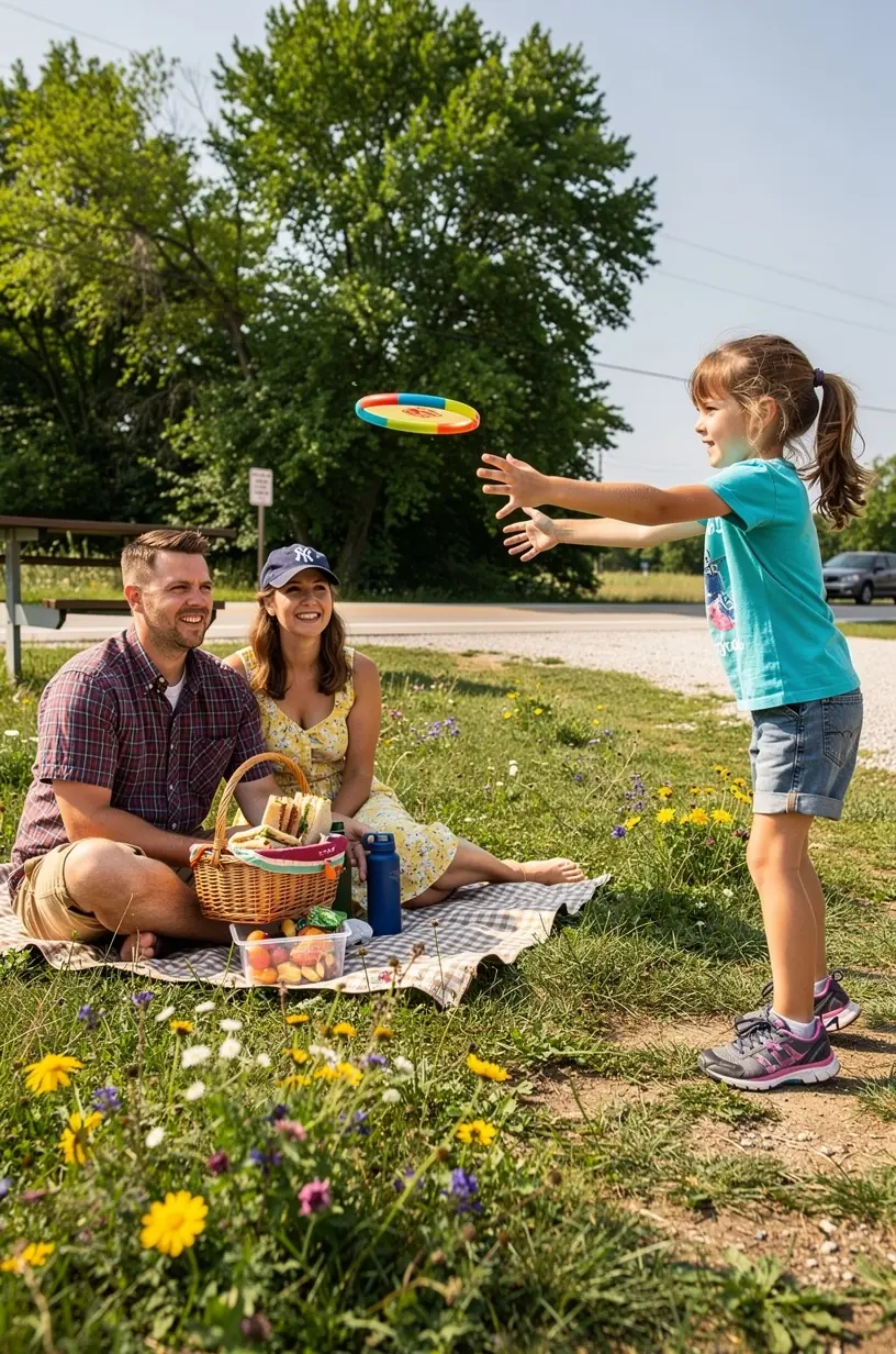 Road signs highlighting short drive routes and family-friendly stops along a popular domestic travel corridor in the US.